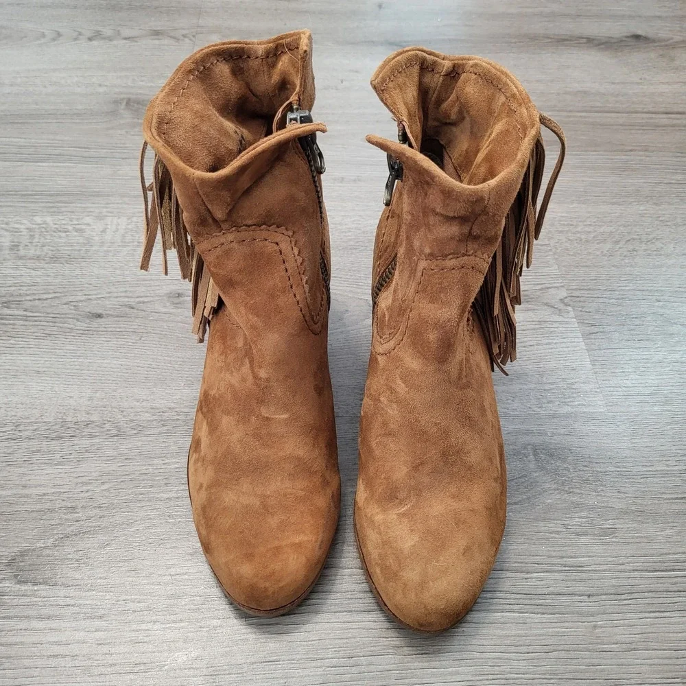 Sam‎ Edelman Tan Suede Gold Fringe Ankle Boots Western Brown Boho Womens 8